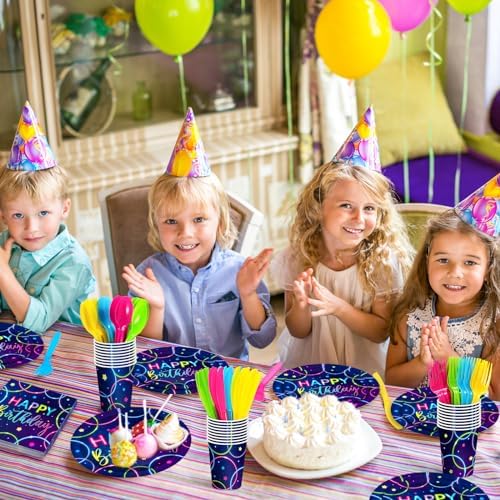 Meanplan Neon Birthday Party Tableware Set for 24 Guests