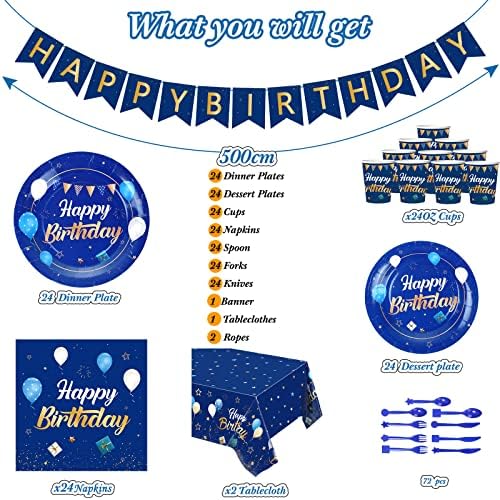 Blue Happy Birthday Tableware Set for 24 Guests