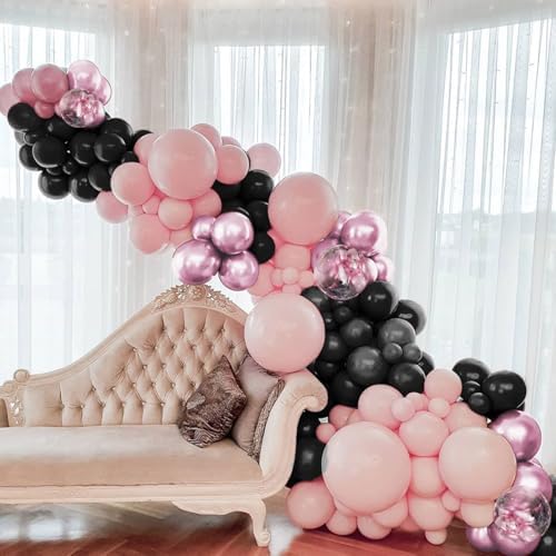 MOXMAY Metallic Pink Black Balloons Arch Kit 151Pcs