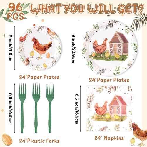 96Pcs Chicken Party Plates Set for 24 Guests