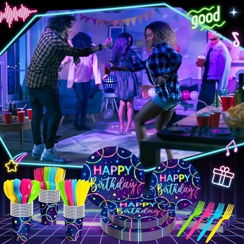 Meanplan Neon Birthday Party Tableware Set for 24 Guests
