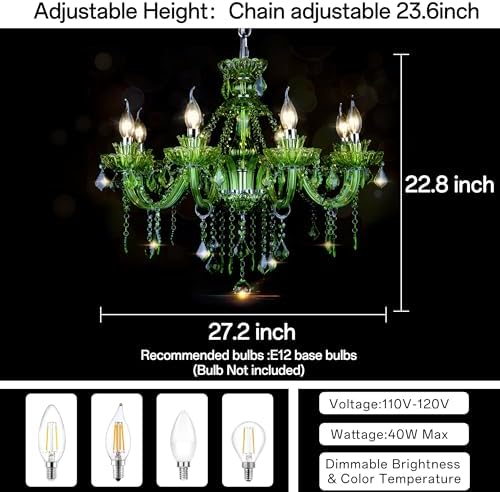 Bagood 8 Light Green K9 Crystal Chandelier Pendant Light E12 Base