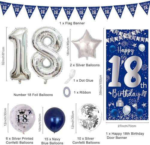 18th Birthday Decorations for Boys Girls Blue Silver Set