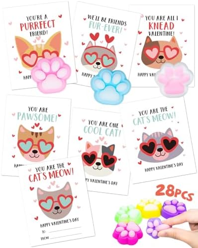 Valentines Day Classroom Gift Pack - 28 Sets with Squishy Cat Paws and Cards