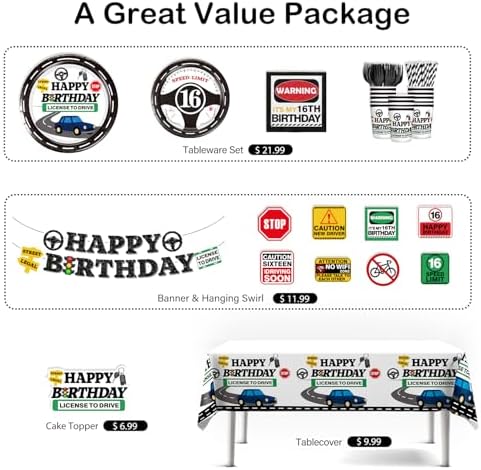 16th Birthday Decorations for Boys Car Theme Party Set