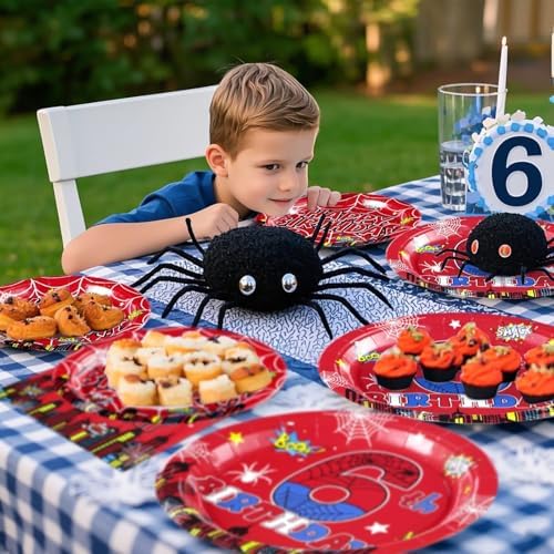 Grencian 96Pcs Spider Birthday Plates Set for 6th Birthday Celebrations