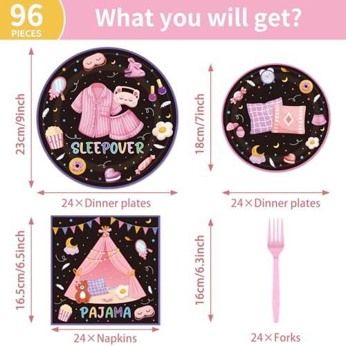 96PCS Pajama Party Plates Napkins Set for 24 Guests