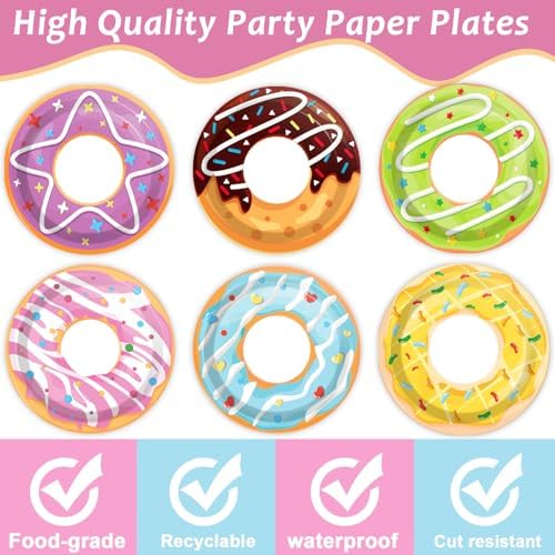 60Pcs Donut Themed Paper Plates for Birthday Party Decor