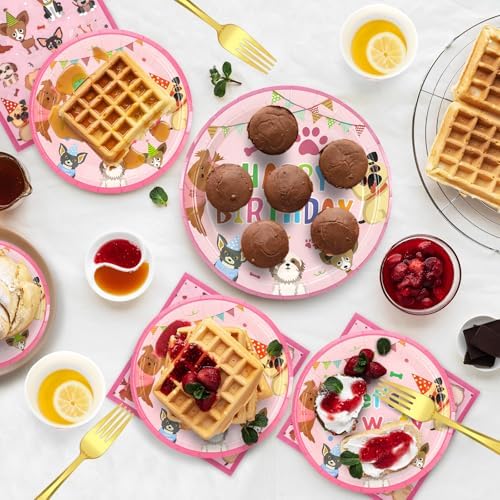Pink Dog Birthday Plates Cups Napkins Set 96 Pcs