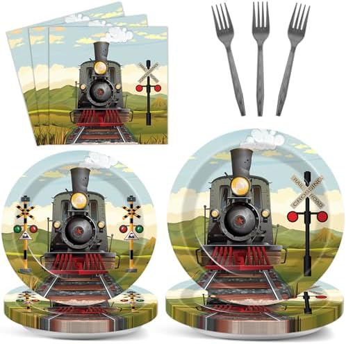 96 Pcs Train Paper Plates Napkins Forks Party Set