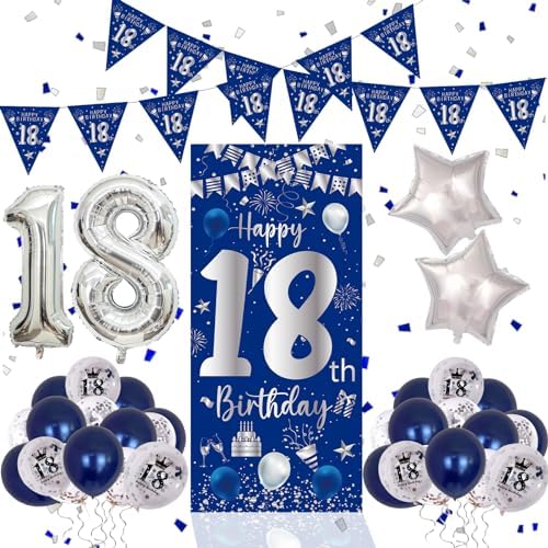 18th Birthday Decorations for Boys Girls Blue Silver Set