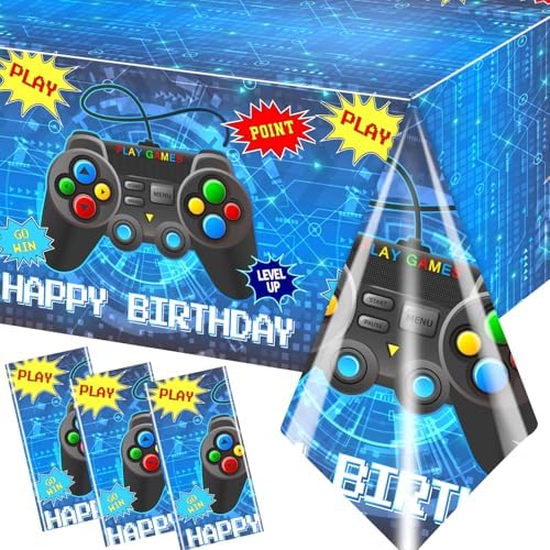 Gamer Birthday Party Tablecloth 3pcs Blue Game Theme Decor