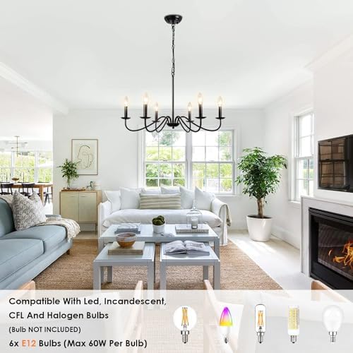 Black 6-Light Farmhouse Chandelier with Adjustable Height