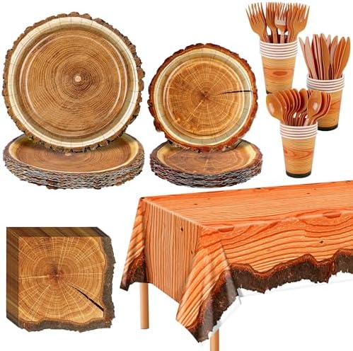 Durony 129 Piece Camping Birthday Party Plate Tablecloth Set