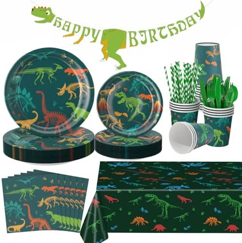 ZIRICHER Dinosaur Party Tableware Set for Kids Boy Serve 24