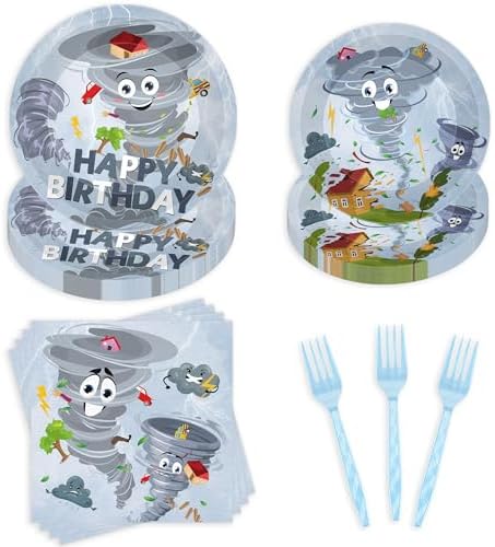 96 Pcs Tornado Themed Birthday Party Tableware Set for 24 Guests