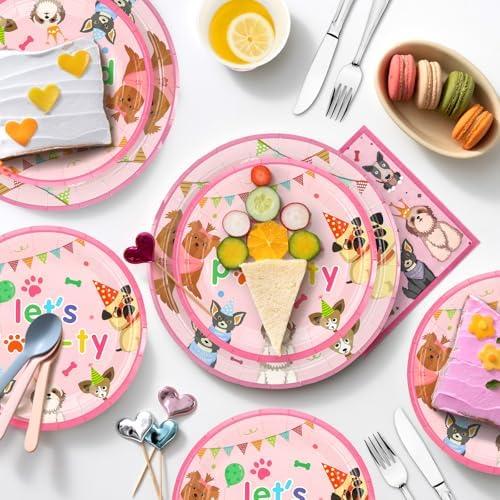 Pink Dog Birthday Plates Cups Napkins Set 96 Pcs