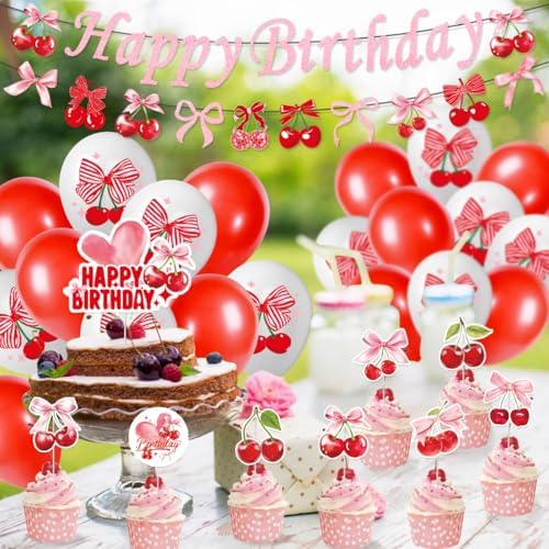 Cherry Birthday Decorations Set with Banners and Balloons