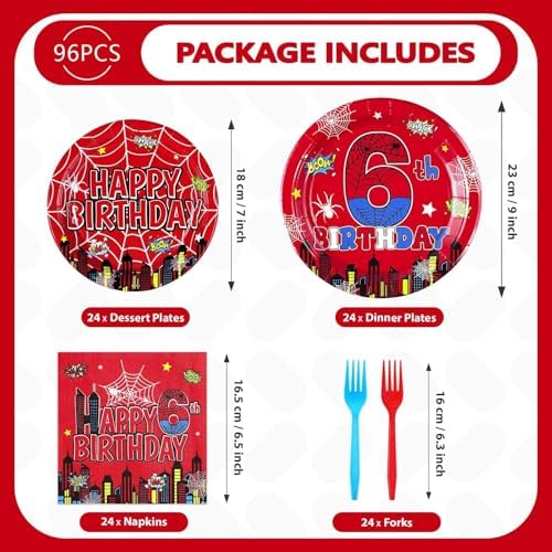 Grencian 96Pcs Spider Birthday Plates Set for 6th Birthday Celebrations