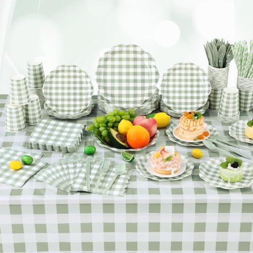 452 Pcs Sage Green Gingham Party Decorations