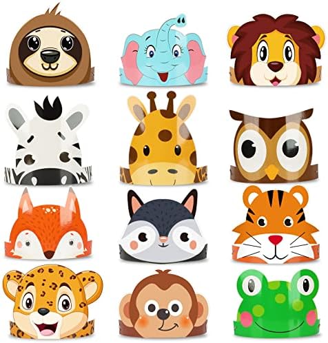 12 Piece Jungle Safari Animal Party Hats for Kids