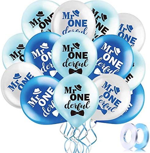 Sumind 45 Pcs 12 Inch Mr Onederful Birthday Balloons Blue White with Ribbons