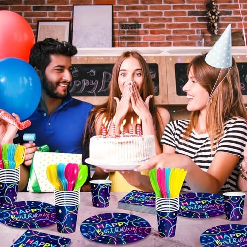 Meanplan Neon Birthday Party Tableware Set for 24 Guests