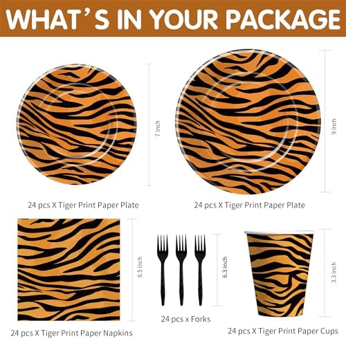Tiger Print Birthday Plates and Napkins Set Serves 24
