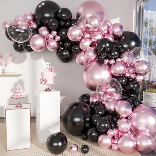 MOXMAY Metallic Pink Black Balloons Arch Kit 151Pcs