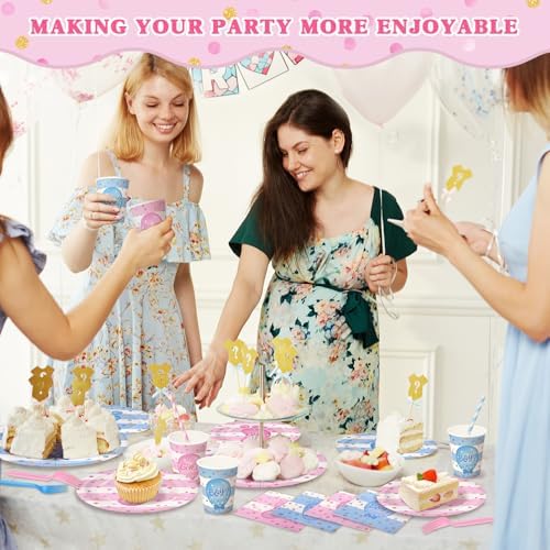 300Pcs Gender Reveal Party Tableware Set with Plates Cups Napkins Forks Straws