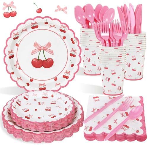 Cherry Themed Party Plates Set 175pcs for 25 Guests