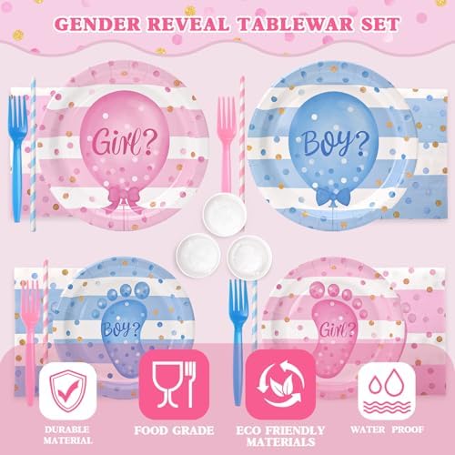 300Pcs Gender Reveal Party Tableware Set with Plates Cups Napkins Forks Straws