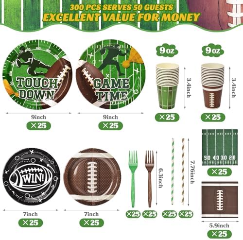 Kinovo 300 Pcs Football Plates Napkins Set Serve 50 Guests