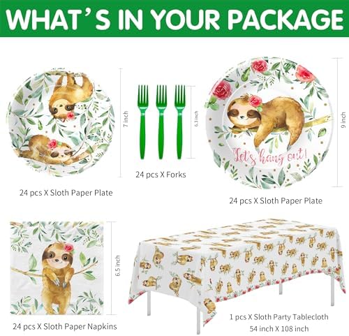 Sloth Themed Birthday Party Plates Set of 24