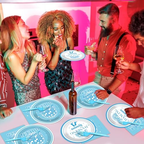 96Pcs Dancing Queen Blue Disco Party Plates Napkins Set for 24 Guests