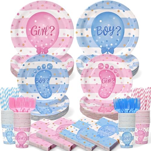 300Pcs Gender Reveal Party Tableware Set with Plates Cups Napkins Forks Straws