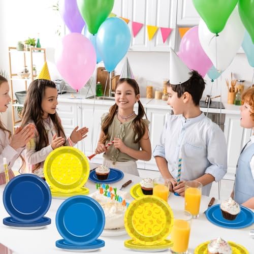 48Pcs Yellow Blue Cartoon Birthday Plates Set