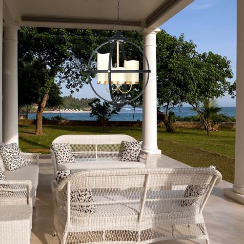 Battery Operated Outdoor Candle Chandelier in Black and Gold