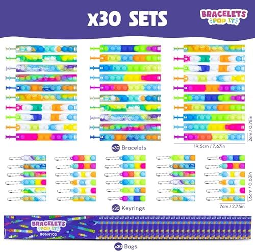 BONNYCO Pop It Bracelets Keychains 30 Pack Kids Party Favors
