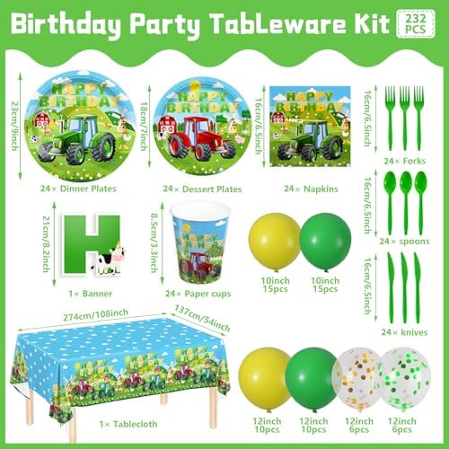 232pcs Tractor Birthday Party Tableware Set for 24 Guests