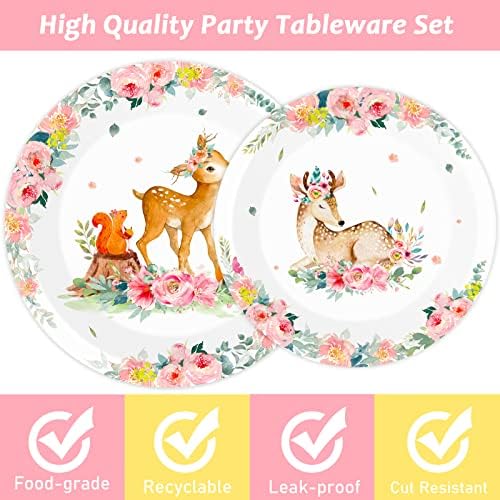 Tevxj 96PCS Woodland Baby Shower Tableware Set for 24 Guests