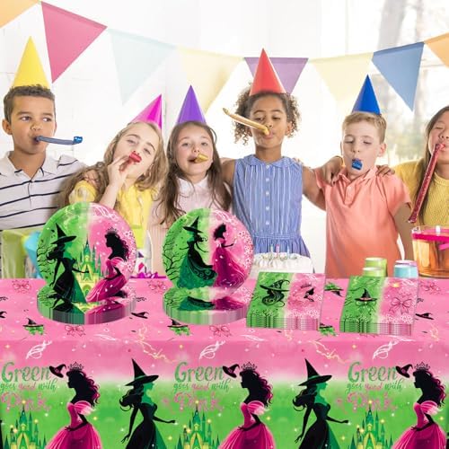41 PCS Pink Green Witch Party Decorations Plates Napkins Tablecloth