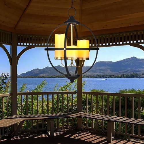 Battery Operated Outdoor Candle Chandelier in Black and Gold