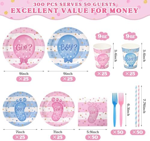 300Pcs Gender Reveal Party Tableware Set with Plates Cups Napkins Forks Straws