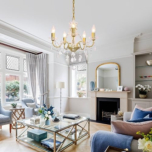 Modern 5 Light Gold Chandelier with Glass Crystals