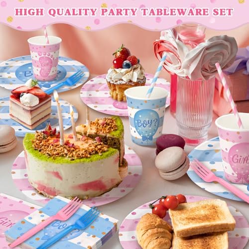 300Pcs Gender Reveal Party Tableware Set with Plates Cups Napkins Forks Straws