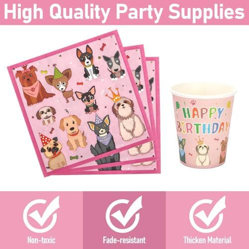 Pink Dog Birthday Plates Cups Napkins Set 96 Pcs