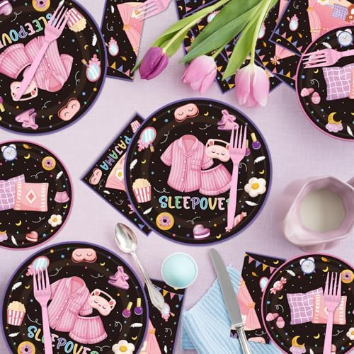 96PCS Pajama Party Plates Napkins Set for 24 Guests