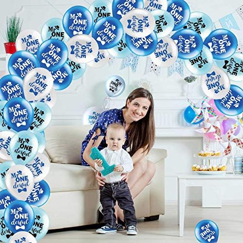 Sumind 45 Pcs 12 Inch Mr Onederful Birthday Balloons Blue White with Ribbons