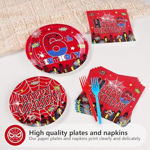 Grencian 96Pcs Spider Birthday Plates Set for 6th Birthday Celebrations